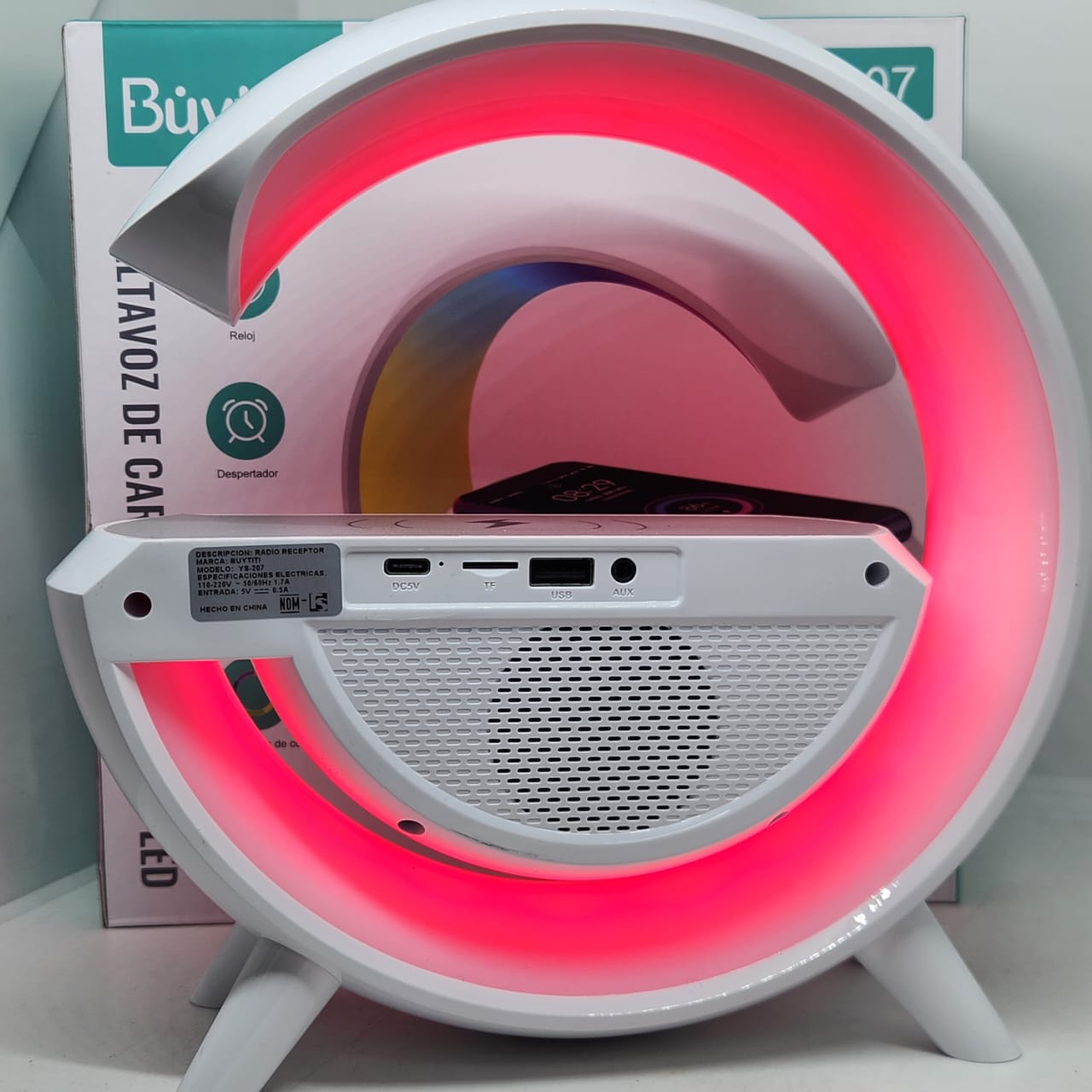 Bocina RGB con Reloj y Cargador Inalámbrico