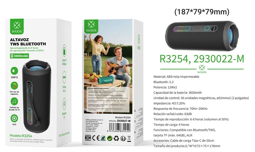 Altavoz Bluetooth 5.3 Portátil Impermeable IPX7 – Sonido Estéreo y Bass Potente | WOOX
