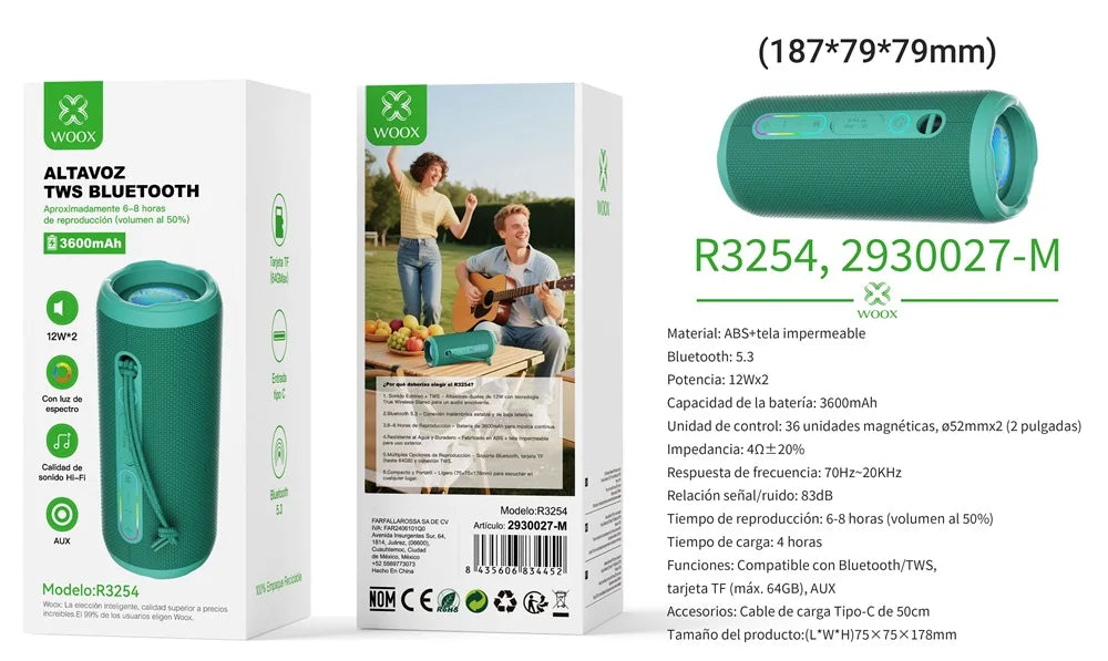 Altavoz Bluetooth 5.3 Portátil Impermeable IPX7 – Sonido Estéreo y Bass Potente | WOOX