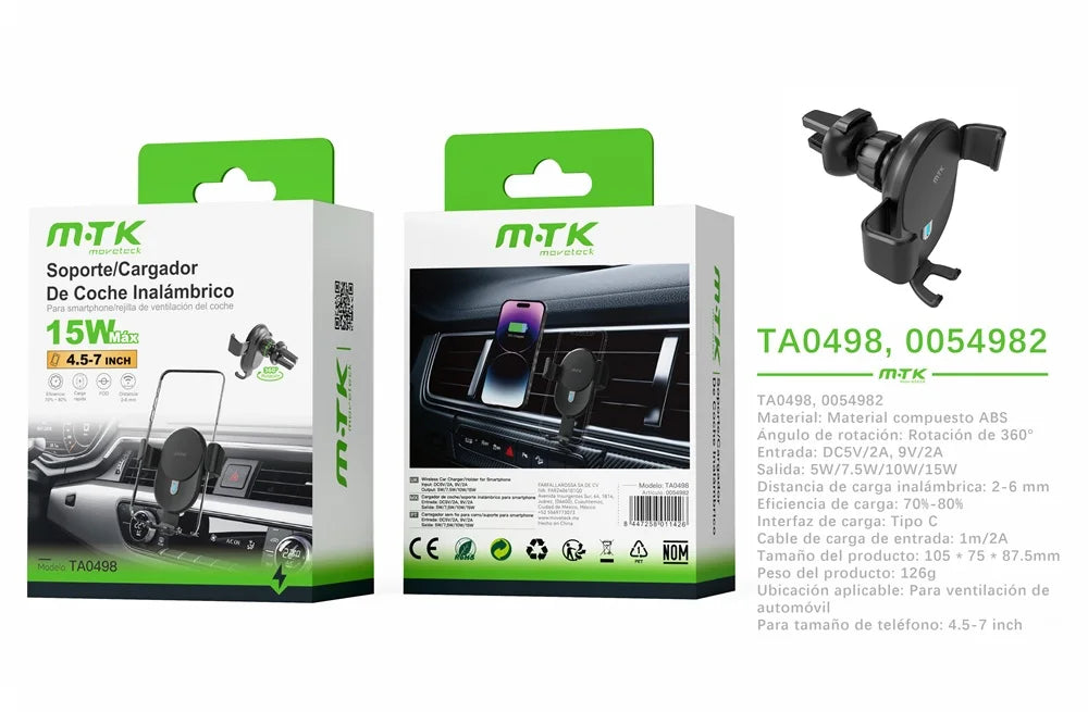 Soporte de Coche con Carga Inalámbrica para Celular – Rotación 360° | WOOX