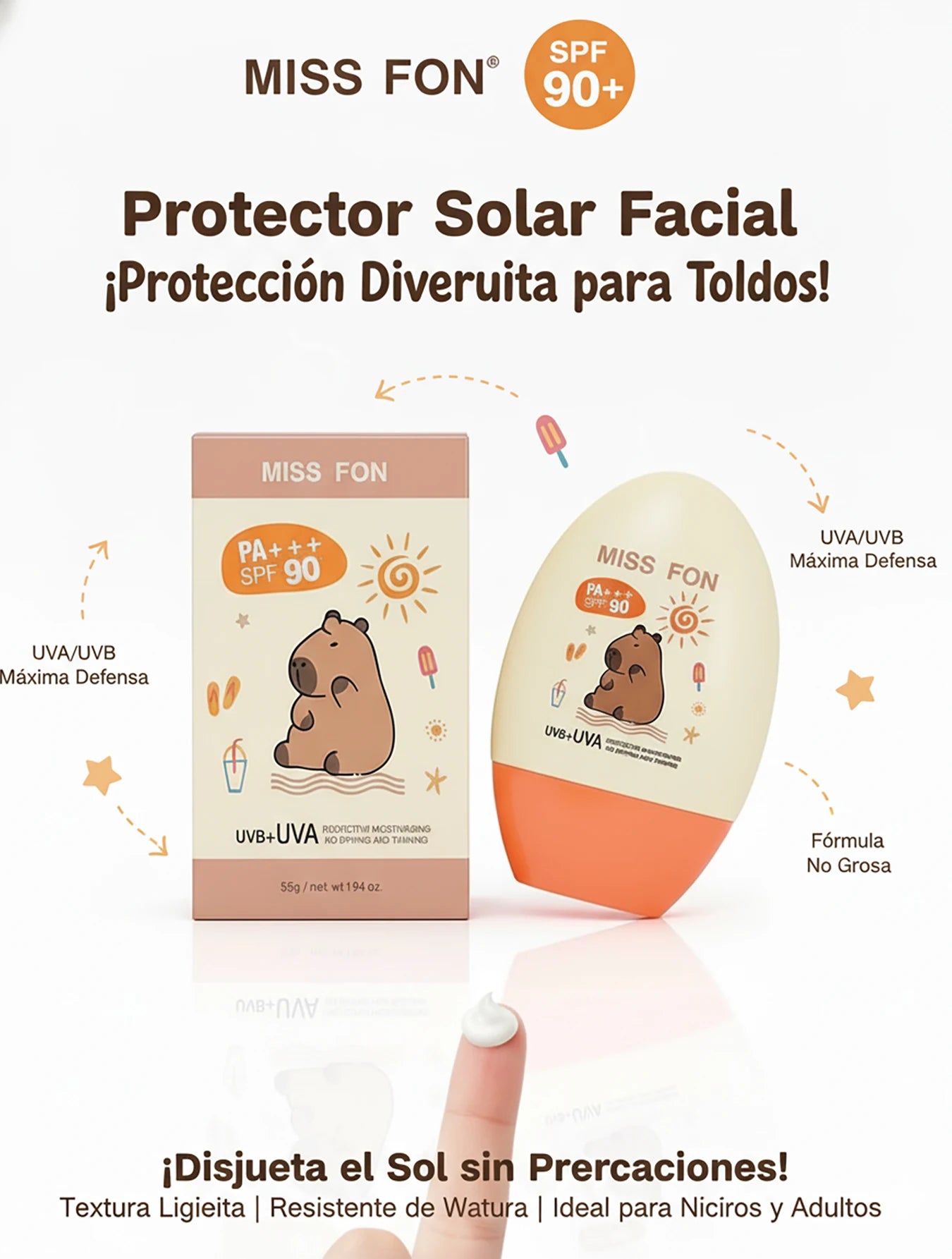 Protector Solar Facial MISS FON SPF 90+ PA+55G Alta Defensa UVB+UVA,