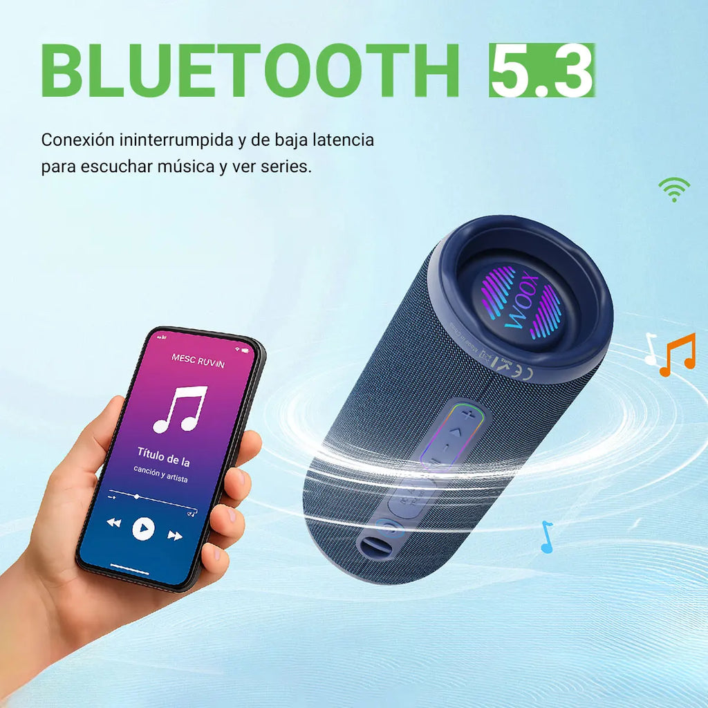 Altavoz Bluetooth 5.3 Portátil Impermeable IPX7 – Sonido Estéreo y Bass Potente | WOOX