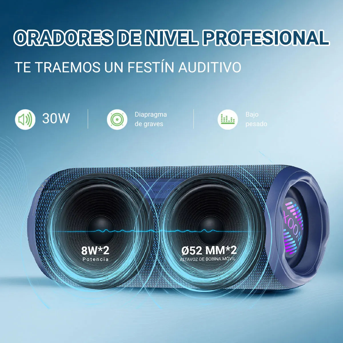 Altavoz Bluetooth 5.3 Portátil Impermeable IPX7 – Sonido Estéreo y Bass Potente | WOOX