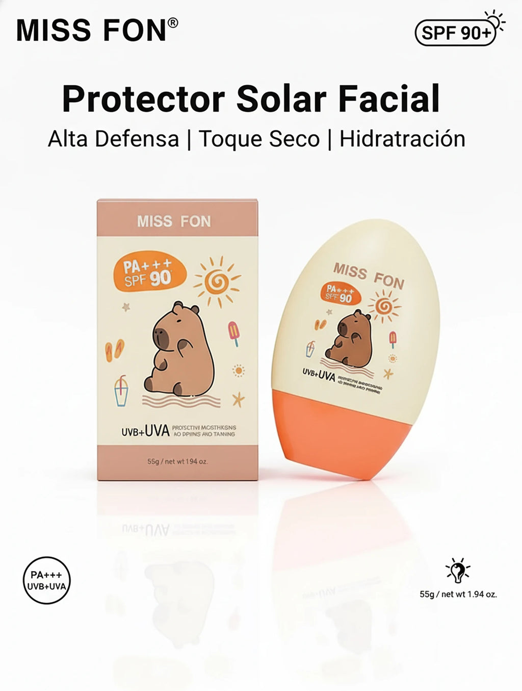 Protector Solar Facial MISS FON SPF 90+ PA+55G Alta Defensa UVB+UVA,