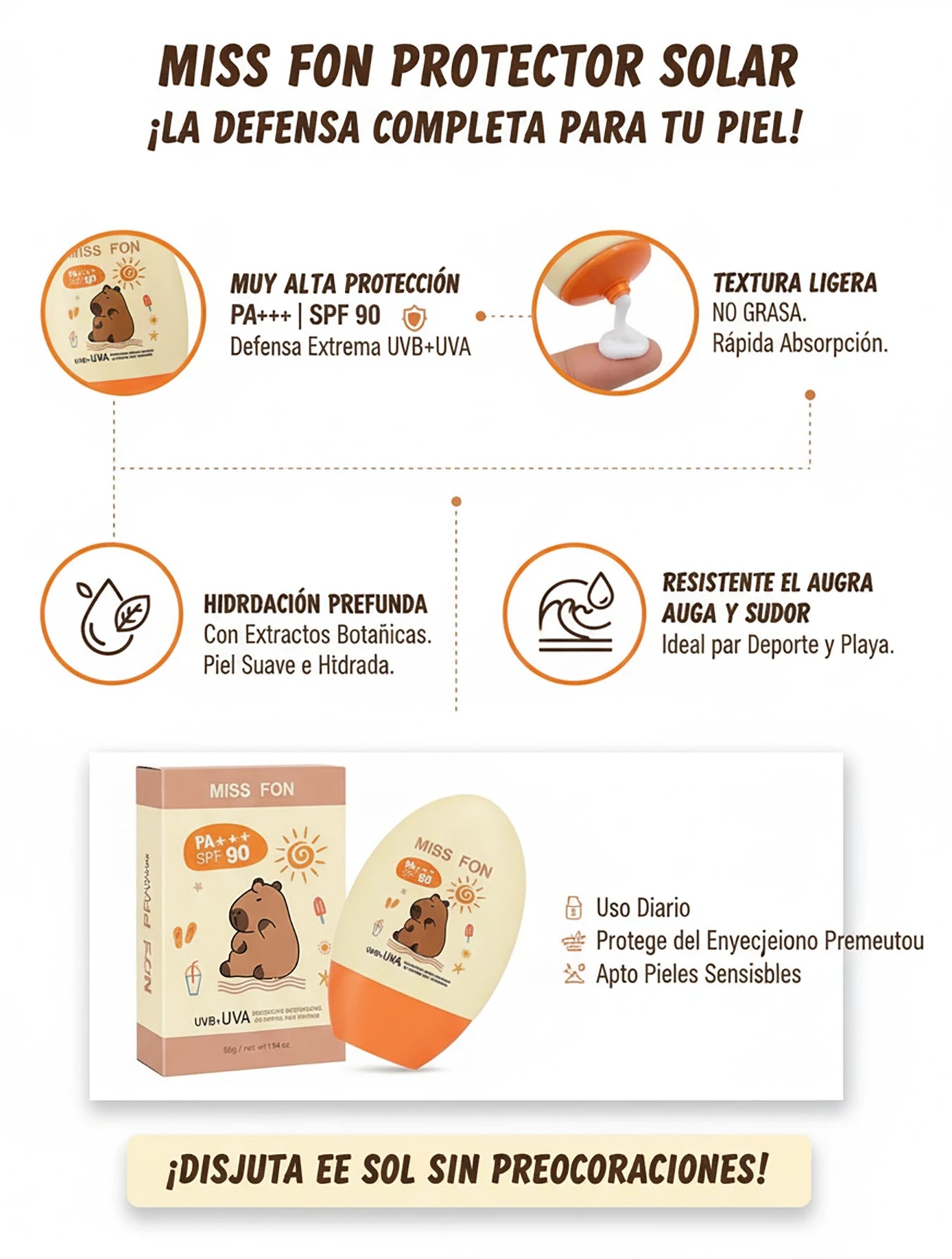 Protector Solar Facial MISS FON SPF 90+ PA+55G Alta Defensa UVB+UVA,