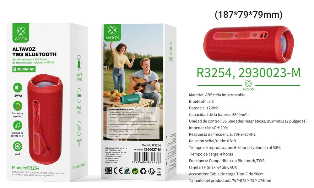 Altavoz Bluetooth 5.3 Portátil Impermeable IPX7 – Sonido Estéreo y Bass Potente | WOOX