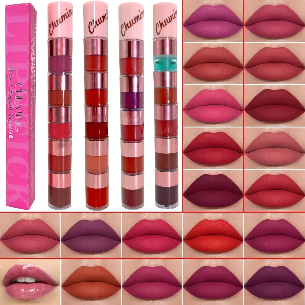 Set de Labiales Mate 5 en 1 – Brillo Labial Terciopelo Rojo, No Transfiere, Fórmula Mineral, Combo de Belleza para Labios 💄✨