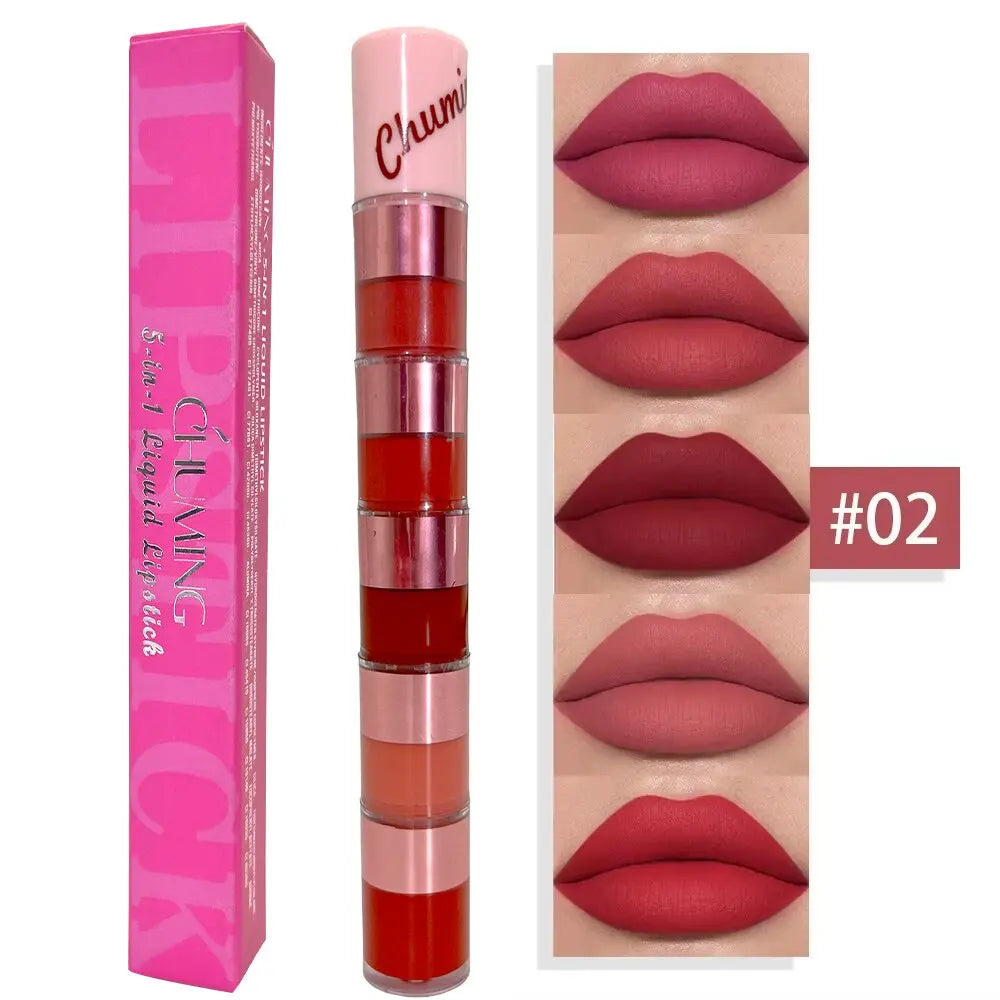 Set de Labiales Mate 5 en 1 – Brillo Labial Terciopelo Rojo, No Transfiere, Fórmula Mineral, Combo de Belleza para Labios 💄✨