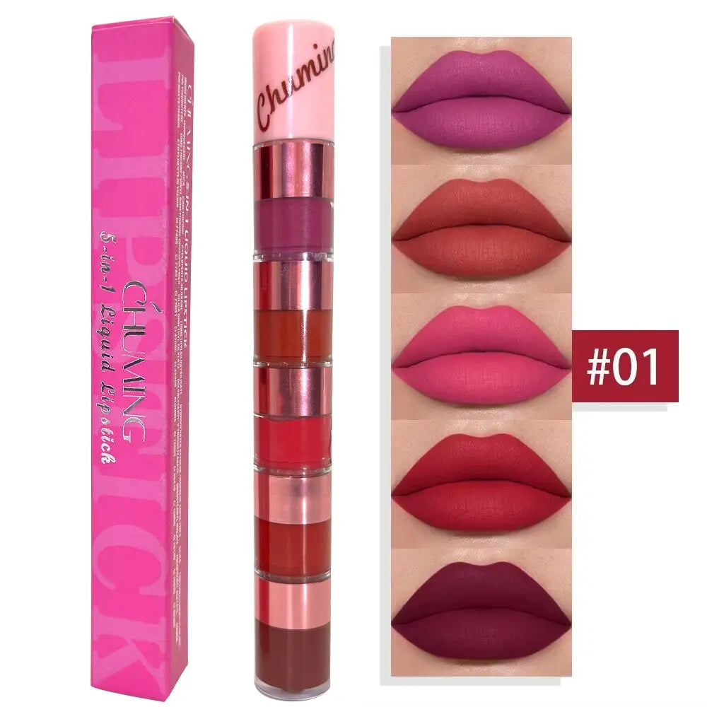 Set de Labiales Mate 5 en 1 – Brillo Labial Terciopelo Rojo, No Transfiere, Fórmula Mineral, Combo de Belleza para Labios 💄✨