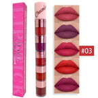 Set de Labiales Mate 5 en 1 – Brillo Labial Terciopelo Rojo, No Transfiere, Fórmula Mineral, Combo de Belleza para Labios 💄✨