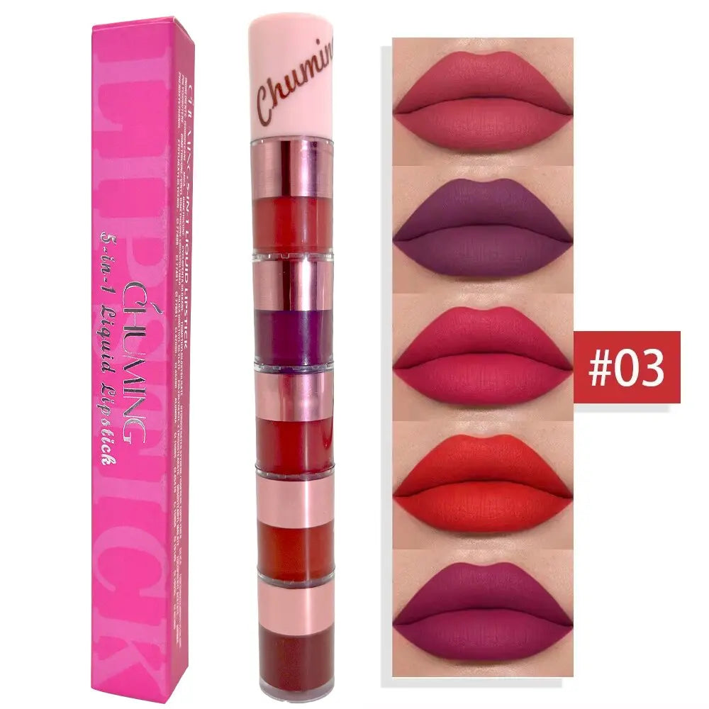 Set de Labiales Mate 5 en 1 – Brillo Labial Terciopelo Rojo, No Transfiere, Fórmula Mineral, Combo de Belleza para Labios 💄✨