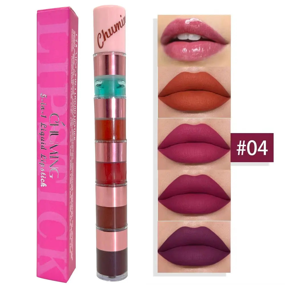 Set de Labiales Mate 5 en 1 – Brillo Labial Terciopelo Rojo, No Transfiere, Fórmula Mineral, Combo de Belleza para Labios 💄✨