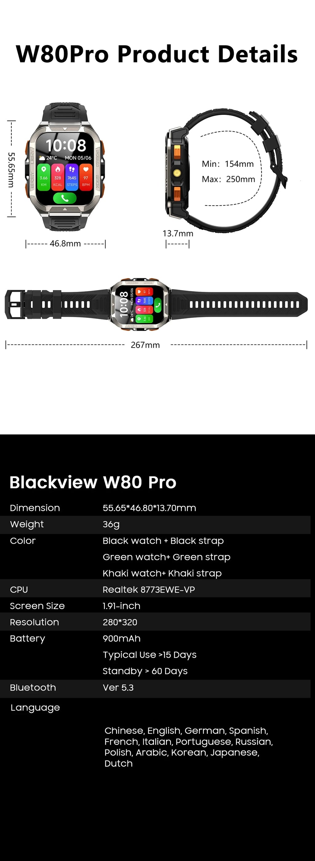 Reloj inteligente Blackview W80 Pro con pantalla de 1,91" y linterna LED para hombre