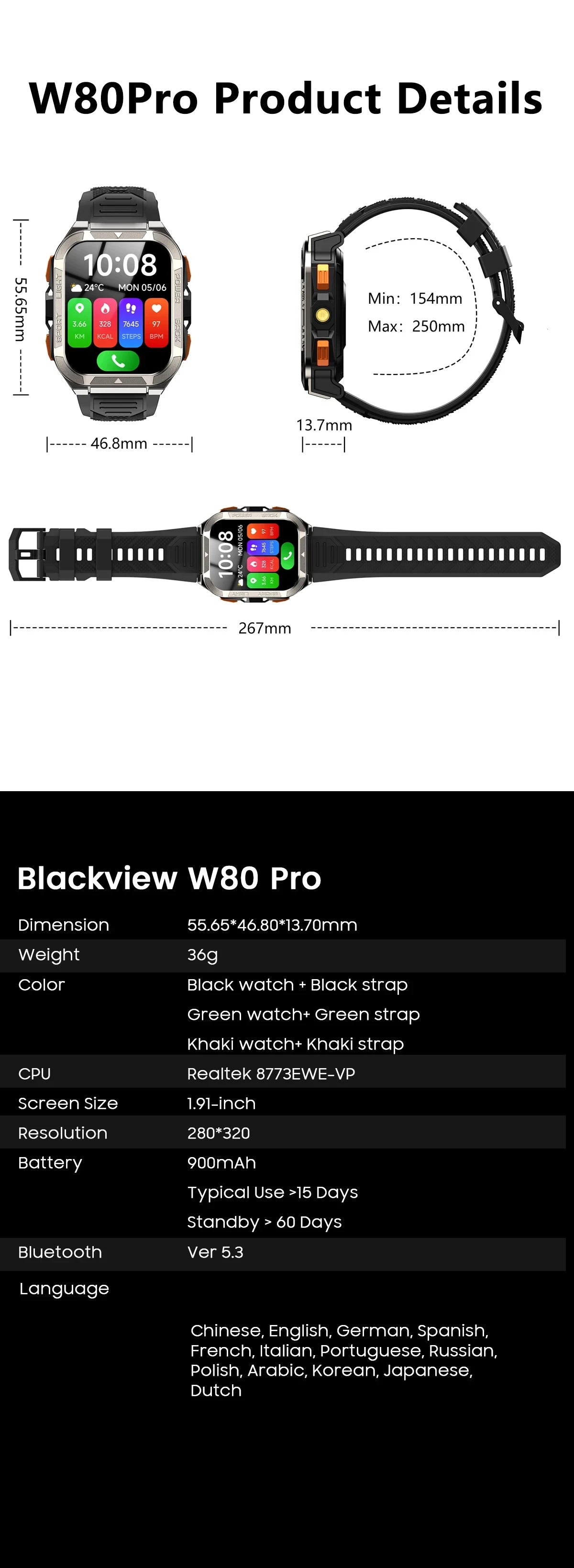 Reloj inteligente Blackview W80 Pro con pantalla de 1,91" y linterna LED para hombre