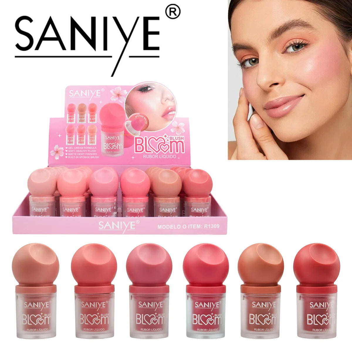 💖 Rubor SANIYE® con Pincel Integrado – 6 Tonos Naturales