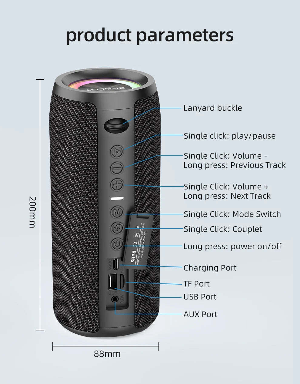 Altavoz Portátil Bluetooth ZEALOT® S51 Pro – 40W. CALIDAD ALTA