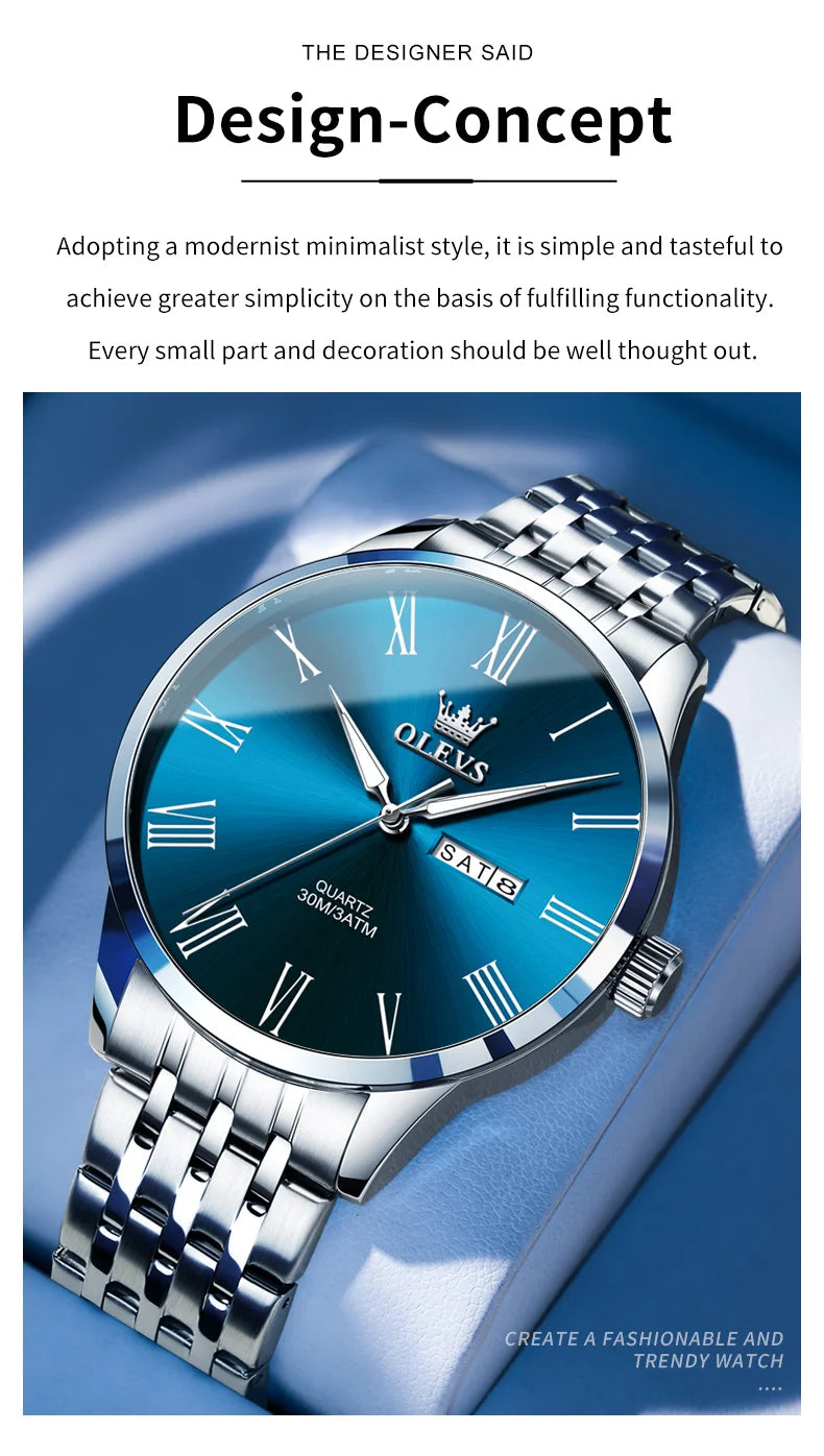 Reloj OLEVS de acero inoxidable para hombre, estilo empresarial minimalista, de lujo,