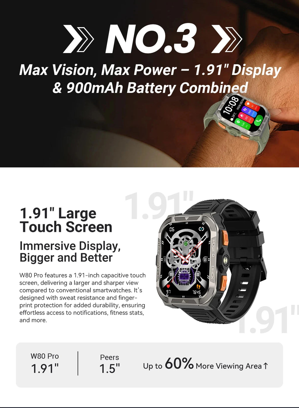 Reloj inteligente Blackview W80 Pro con pantalla de 1,91" y linterna LED para hombre