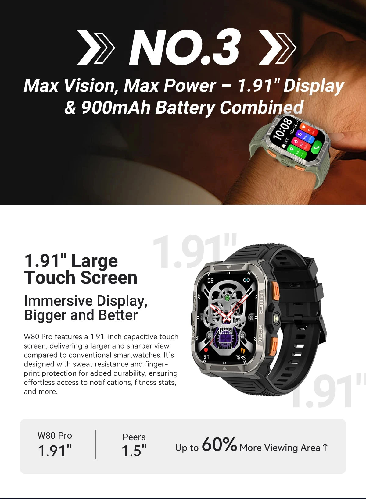 Reloj inteligente Blackview W80 Pro con pantalla de 1,91" y linterna LED para hombre
