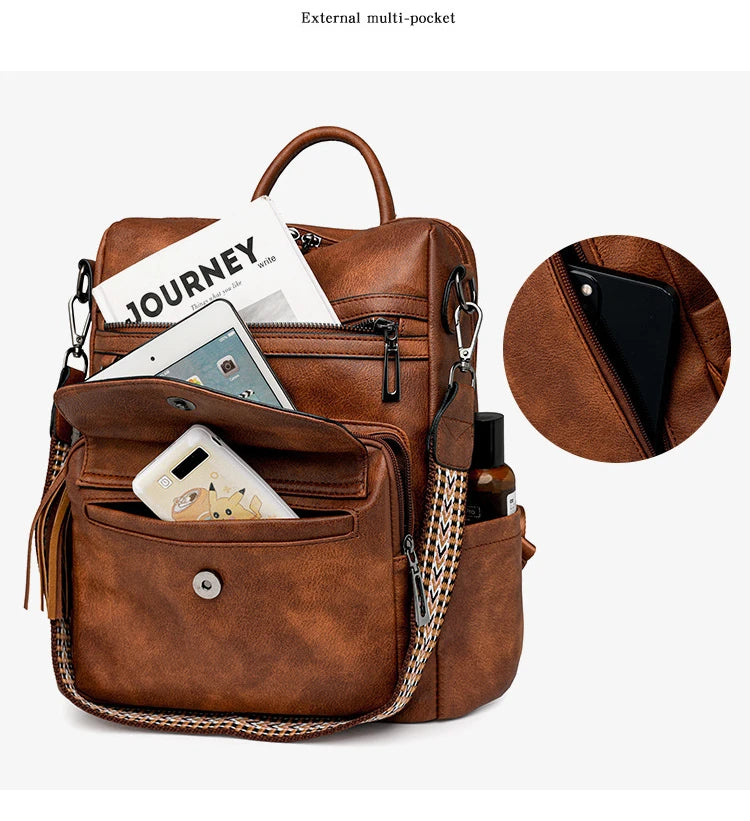 Mochila Retro Impermeable PU - Antirrobo Mujer