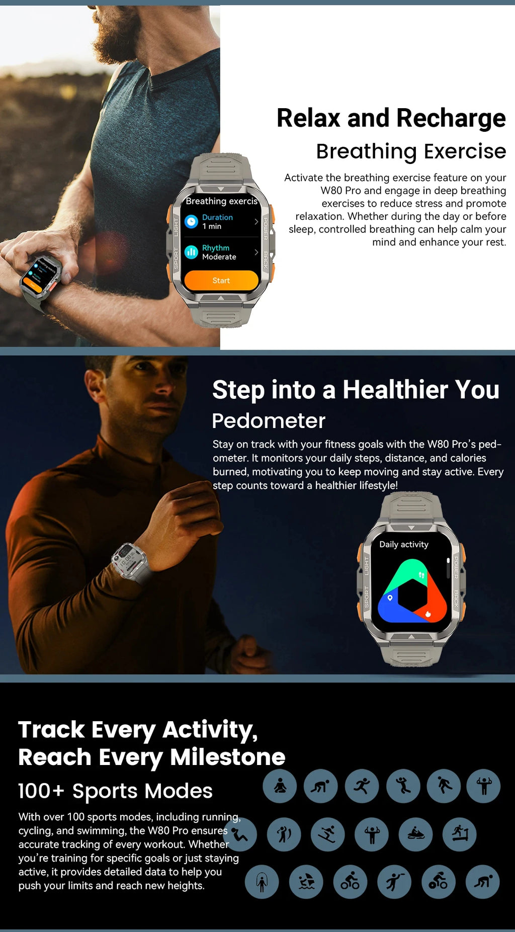 Reloj inteligente Blackview W80 Pro con pantalla de 1,91" y linterna LED para hombre