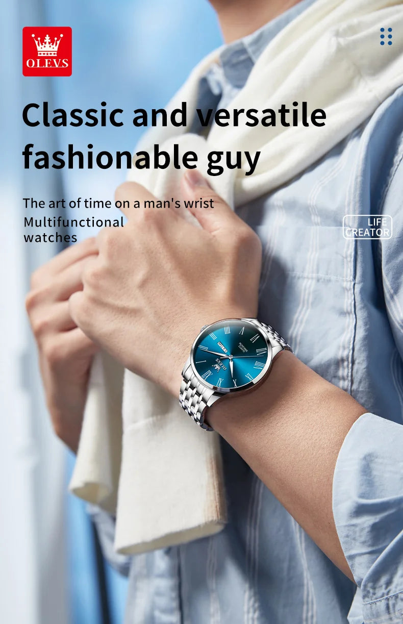 Reloj OLEVS de acero inoxidable para hombre, estilo empresarial minimalista, de lujo,