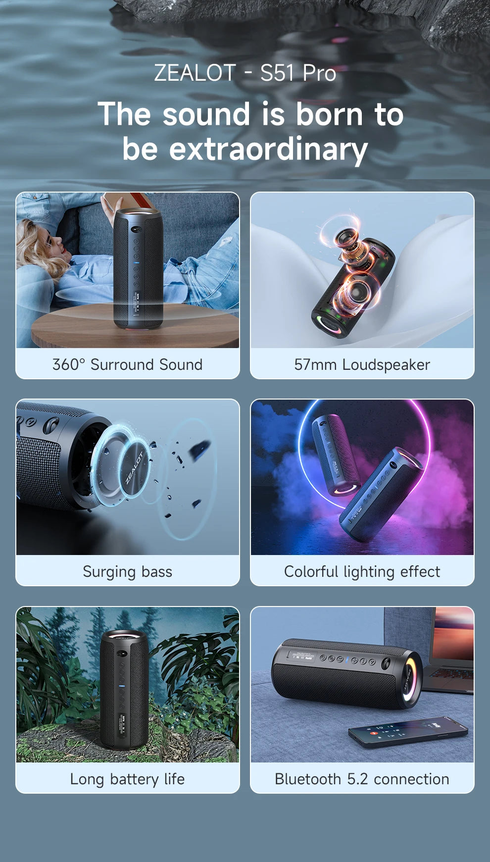 Altavoz Portátil Bluetooth ZEALOT® S51 Pro – 40W. CALIDAD ALTA