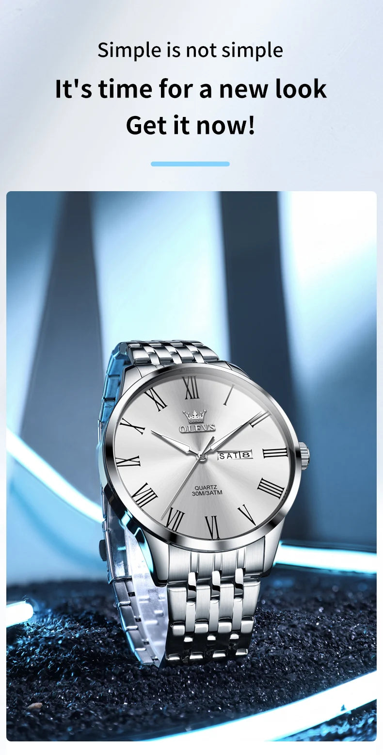 Reloj OLEVS de acero inoxidable para hombre, estilo empresarial minimalista, de lujo,