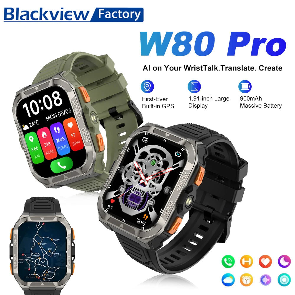 Reloj inteligente Blackview W80 Pro con pantalla de 1,91" y linterna LED para hombre