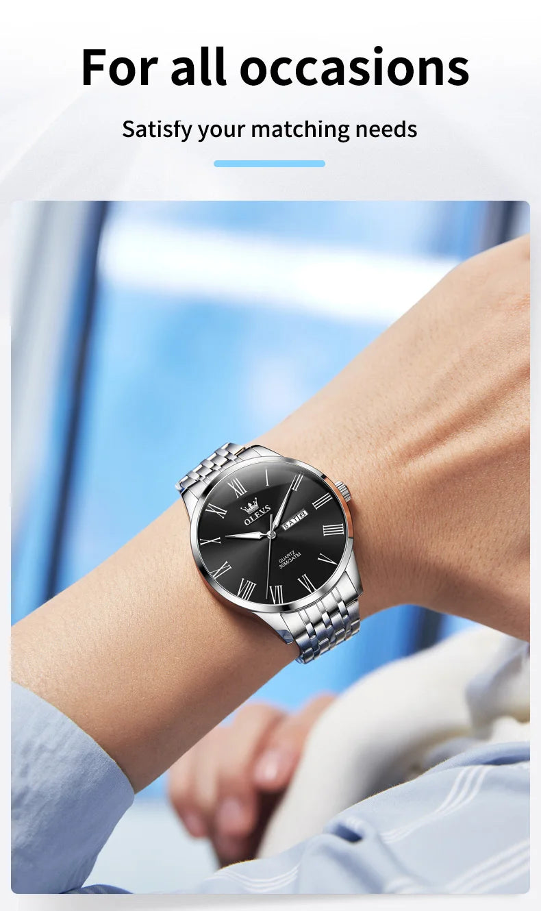 Reloj OLEVS de acero inoxidable para hombre, estilo empresarial minimalista, de lujo,