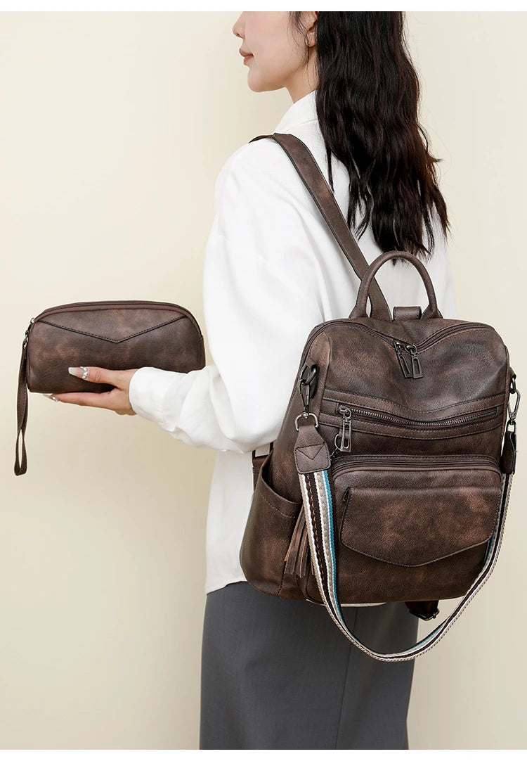 Mochila Retro Impermeable PU - Antirrobo Mujer